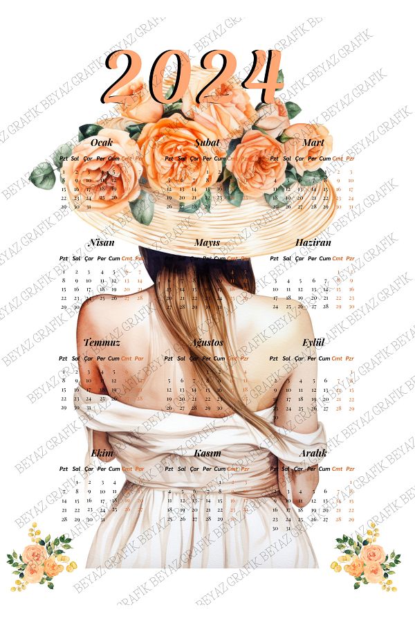 Beyaz Grafik-2024 Aesthetic Women Bohemian Calendar Sticker (Adhesive Back for Glass / Wall / Cabinet) 1