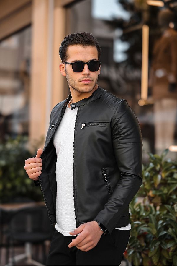 gm giyimarket Black Men s Slim Fit Leather Jacket Trendyol