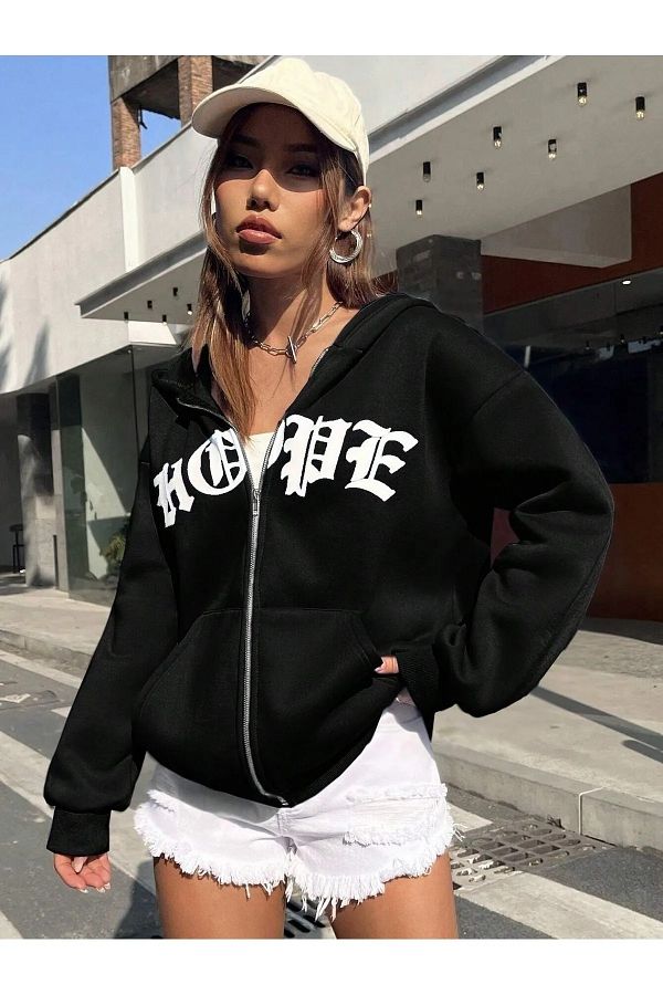 Rio Moda Hope White Printed Knitted Cotton 2 thread Black Zipper Cardigan Jacket Trendyol