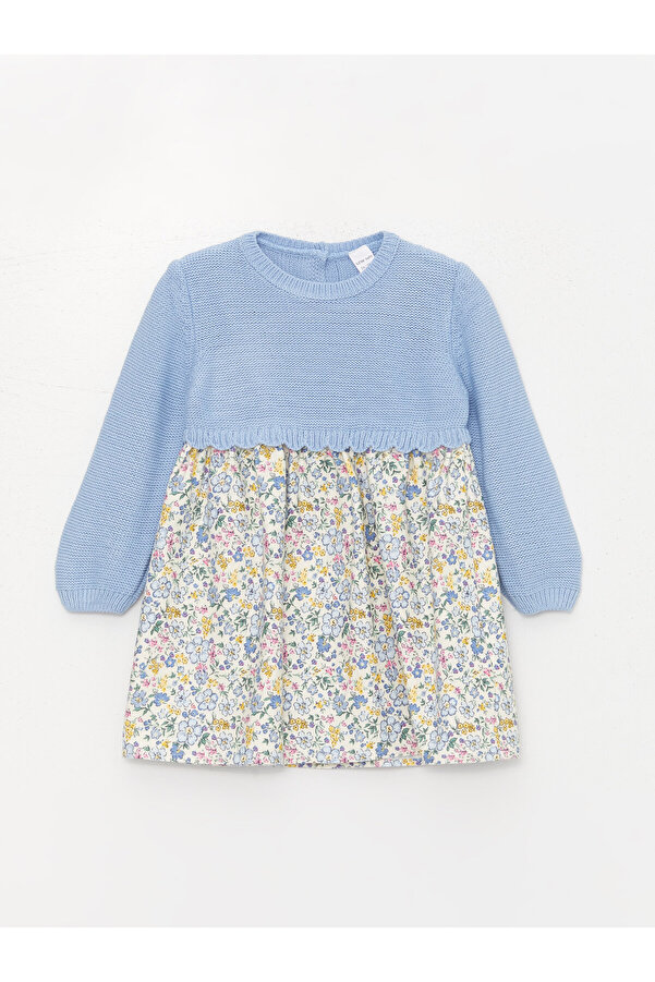 LC Waikiki Bisiklet Yaka Uzun Kollu Eteği Desenli Kız Bebek Triko Elbise