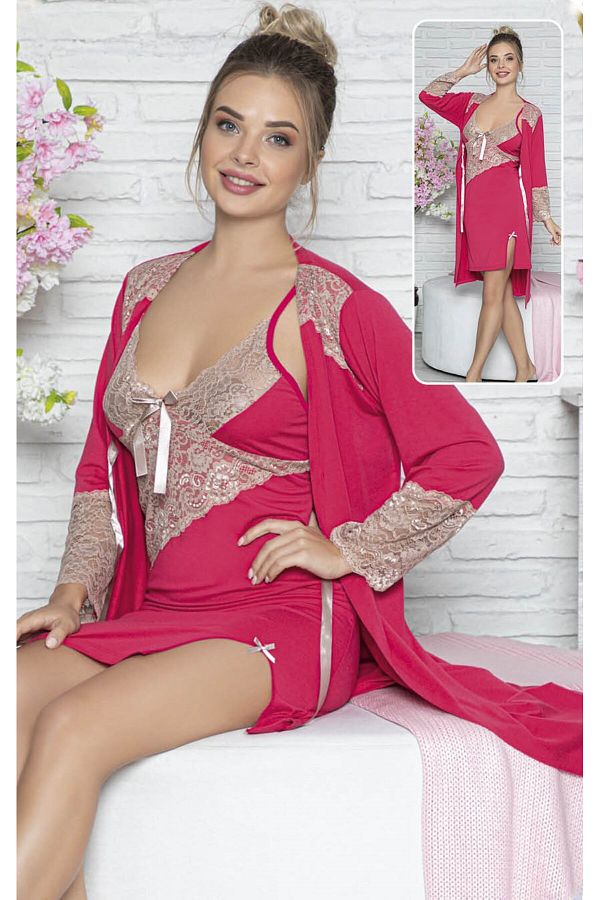 JENİKA-Pink Lace Detail Comfortable Stylish 2-Piece Nightgown Set with Dressing Gowns 1