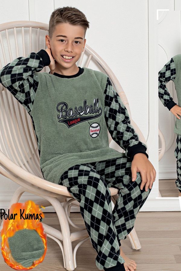 bigiyin Green Boy s Fleece Pajama Set Children s Winter Pajama Set Thick Pajamas Trendyol