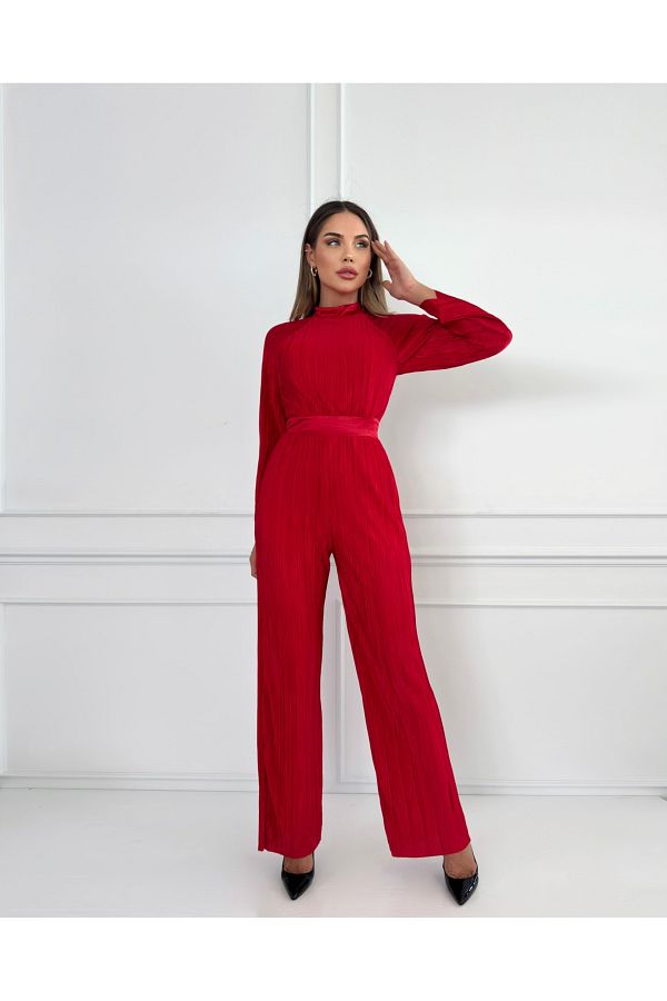 ESRAHELVACI Red Long Sleeve Pleated Jumpsuit Trendyol