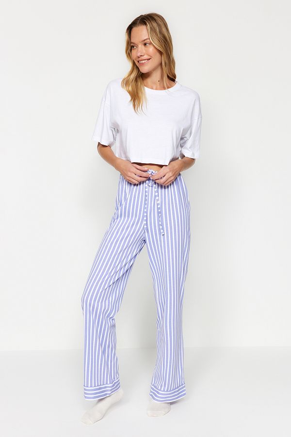 Trendyol Collection 100 Cotton White Blue Striped Pajama Bottoms THMAW24PJ00001 Trendyol