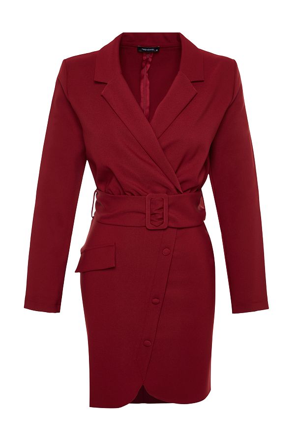 Trendyol Collection Burgundy Belted Buttoned Woven Jacket Dress TWOAW24EL00593 Trendyol