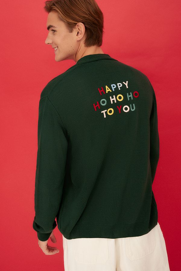 Trendyol Collection Dark Green Knitwear Cardigan Regular Fit Back Text Detail TMNAW22HI0815 Trendyol