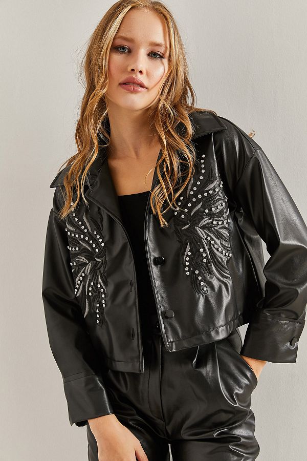 Bianco Lucci Women s Stone Embroidered Leather Jacket Trendyol