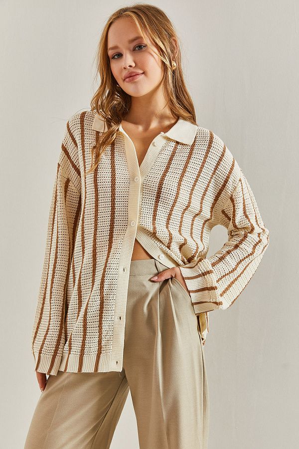 Bianco Lucci-Women's Shirt Collar Long Sleeve Striped Cardigan 1