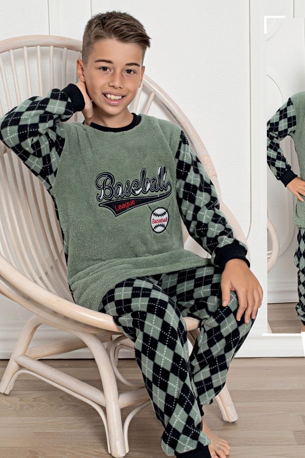 bigiyin Green Boy s Fleece Pajama Set Children s Winter Pajama Set Thick Pajamas Trendyol