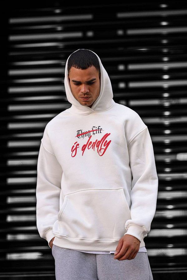 Combineman35 Men s White Tupac Thug Printed Oversize Hooded Sweatshirt Trendyol