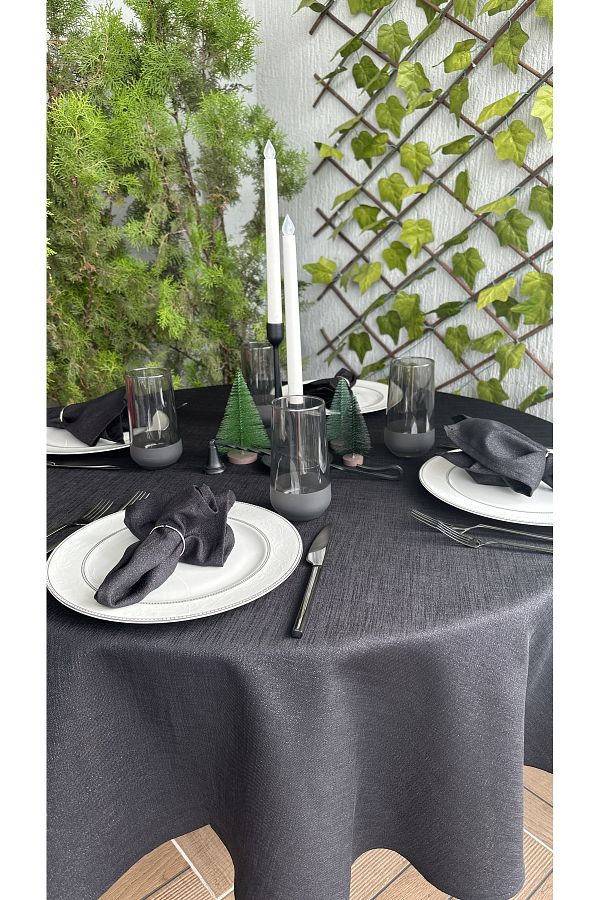 Decamor home-Linen Textured Glitter Black Linen Textured Round Table Cloth 1