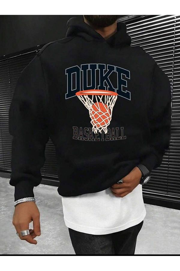 LOU SA Men s Oversize Duke Basketball Printed Black Sweatshirt Trendyol
