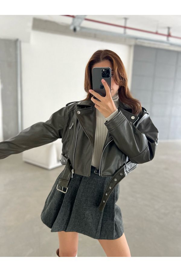 Laluvia-Δερμάτινο μπουφάν Khaki Kelvin Tumbled Biker 1