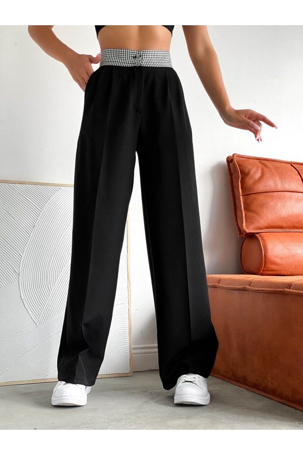 NARKISS-Black Palazzo Trousers - Atlas Fabric, Houndstooth Patterned Waist Design 1