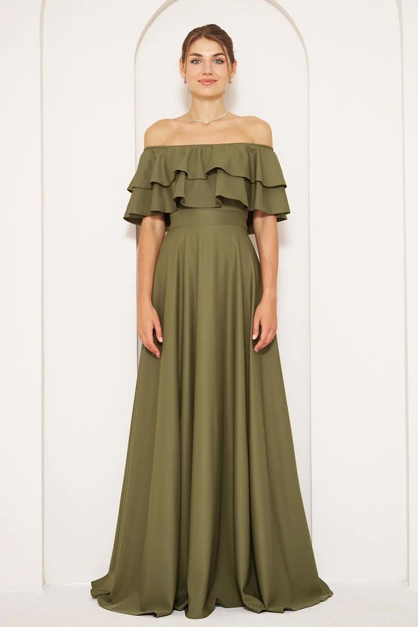 vuvutasarım-Flexibles, trägerloses, khakifarbenes Abendkleid mit Carmenkragen und ausgestelltem Schnitt in Maxilänge aus Atlasstoff 164 1