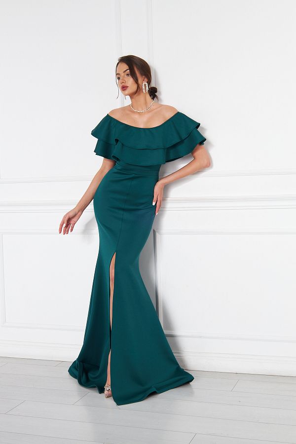 lovebox Flexible Fabric Madonna Neck Slit Maxi Length Fish Model Plus Size Emerald Green Evening Dress 164 Trendyol