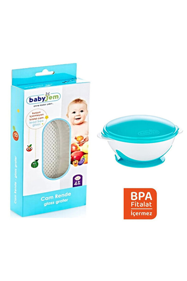 Babyjem Beslenme Seti - Vakumlu Mama Tabağı Mavi Cam Rende