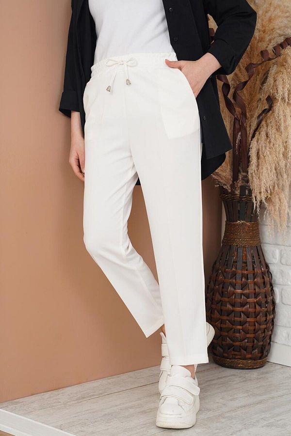 benguen-6624 Rope Detailed Elastic Waist Ankle Trousers White 1