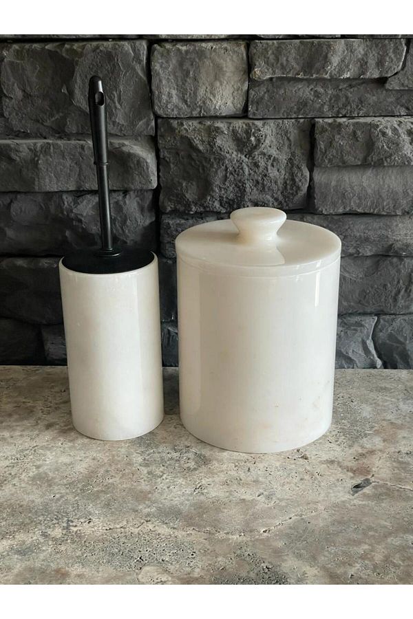 Polen Stone-White Marble Trash Can, Marble Handle and Brush Holder Set of 2 1