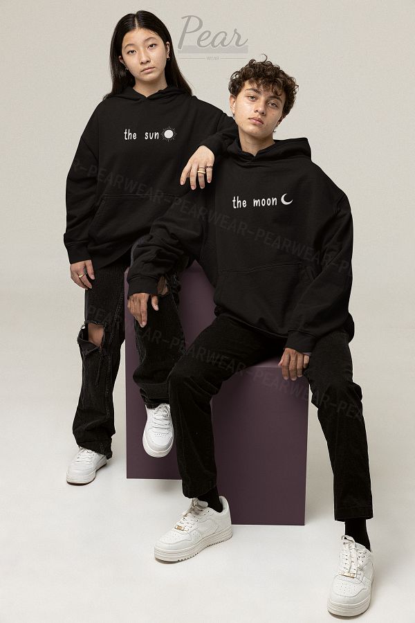 Pear Wear-The Moon The Sun Printed Sun Moon 3 Thread Raster Lover Set Oversize Hooded Couple Sweatshirt 1