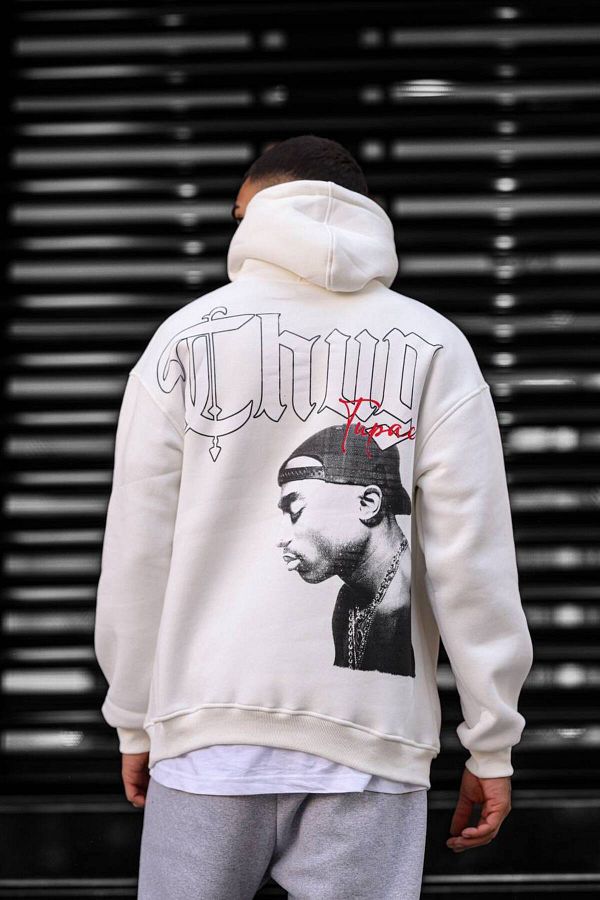 Combineman35 Men s White Tupac Thug Printed Oversize Hooded Sweatshirt Trendyol