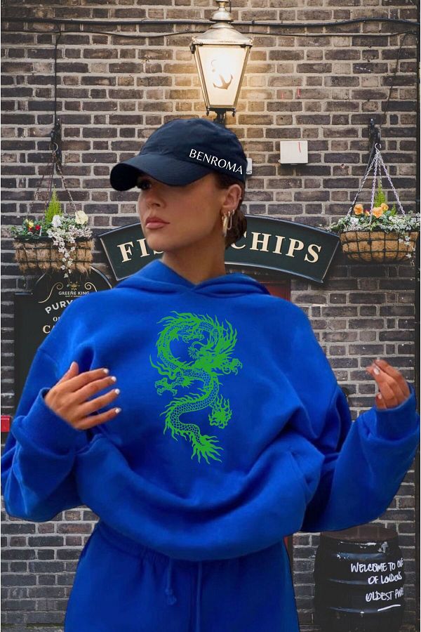 BENROMA Unisex Dragon Printed Saks Color Hooded Sweat Trendyol