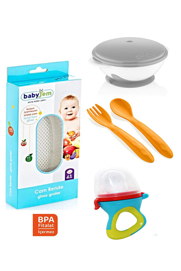 Babyjem Vakumlu Mama Tabağı + Mama Kaşık Çatal Takımı Sarı + Silikon Uçlu Meyve Sebze Emziği + Cam Rende