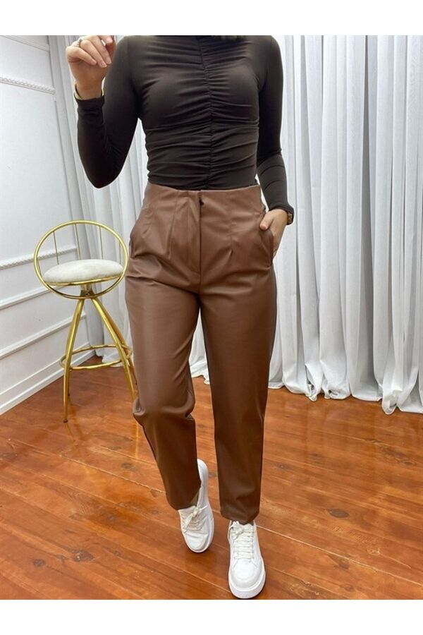 elif yıldırım co High Waist Collet Raster Brown Leather Trousers- Trendyol