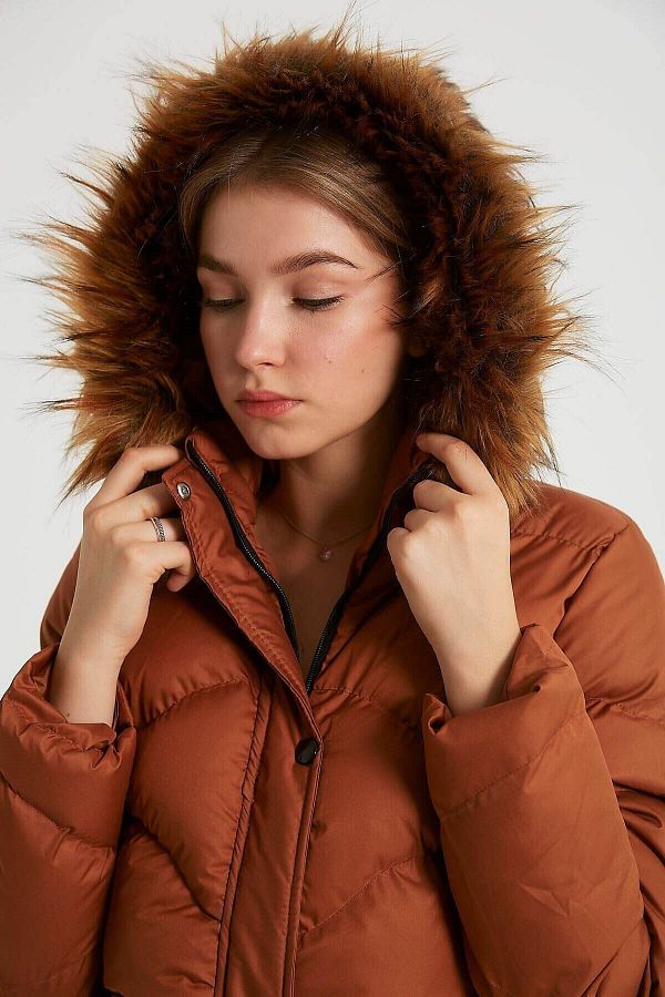 Robin Long Puffer Jacket with Hood Detail Tan Trendyol