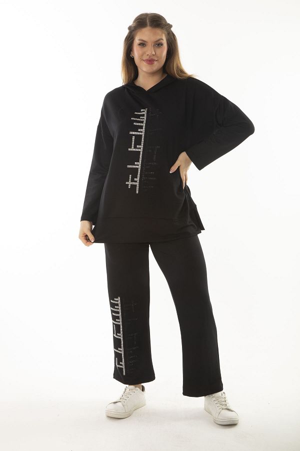 Şans-Women's Large Size Black Stone Detailed Hooded Sweatshirt Trousers Double Suit 65N37001 1