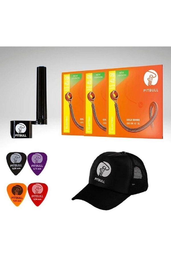 Pitbull Strings-Gold Series Electric Guitar String Set of 3 (String Winder+4 Picks+Hat) Geg 09-42 Sl 3P Ssc 1