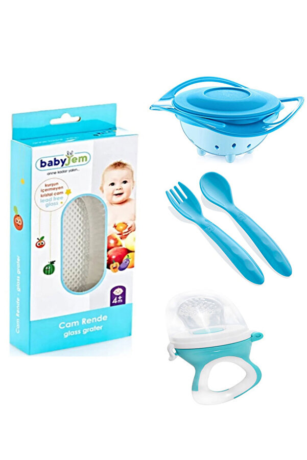 Babyjem Cam Rende + Dökülmeyen Tabak Mavi + Mama Kaşık Çatal Takımı + Silikon Uçlu Meyve Sebze Emziği