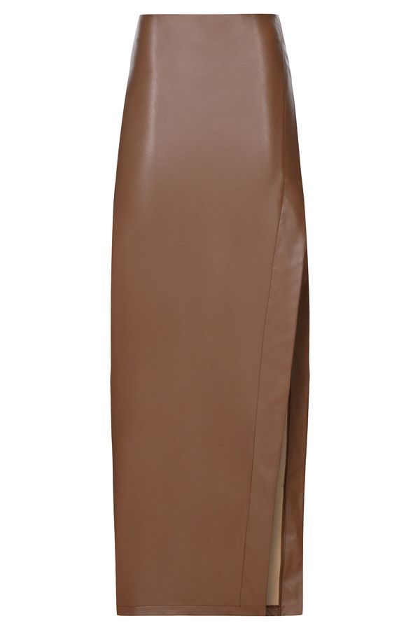 Whenever Company-Brown Normal Waist Side Slit Faux Leather Midi Skirt 1