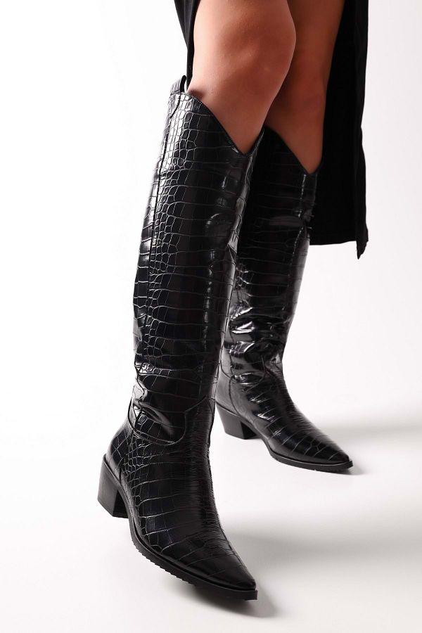 Shoeberry Women s Meot Black Crocodile Patent Leather Heeled Western Riding Boots Black Crocodile Patent Leather Trendyol