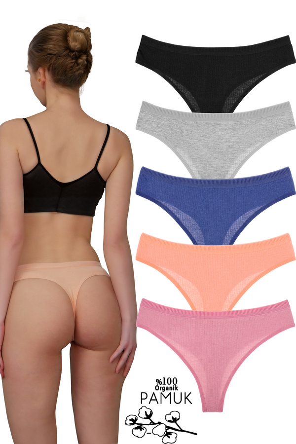 Humaone-Pack of 5 Ribbed Special Waist Thong Panties Black, Gray Indigo, Baby Mouth, Dried Rose 1