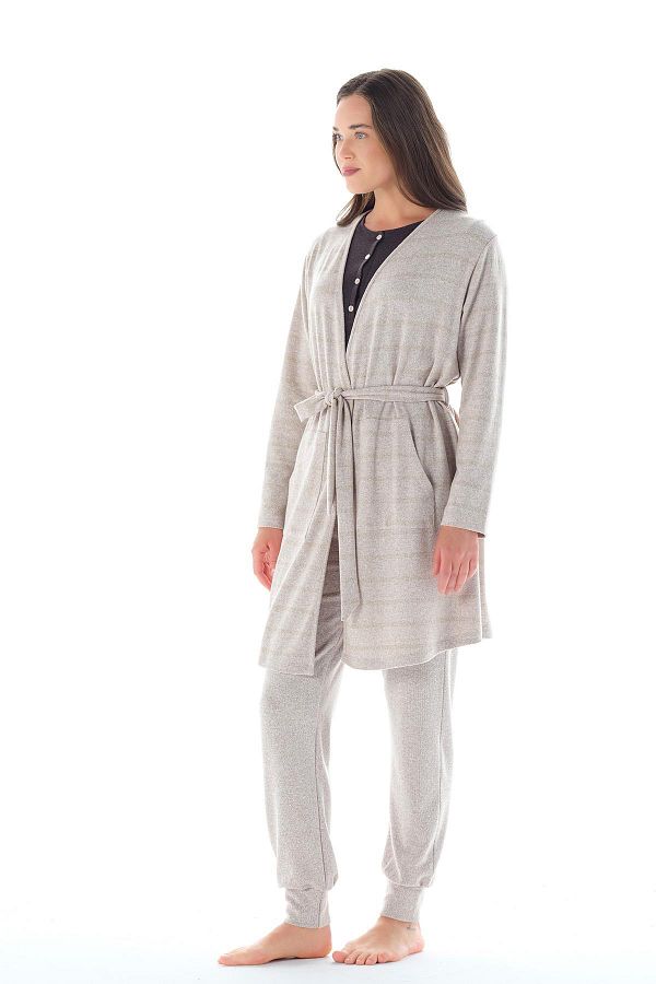 Feyza Women s Glitter Jacquard 3 Piece Beige Pajama Set C4T9N0O4 Trendyol