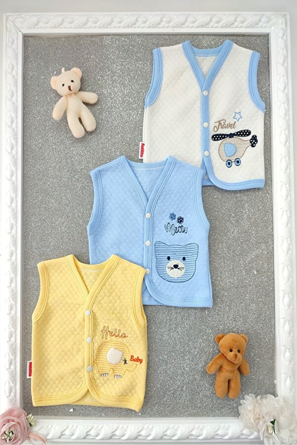 dubi baby erkek bebek önden çıtçıtlı hayvan desenli 3'lü bebe kapitone yelek