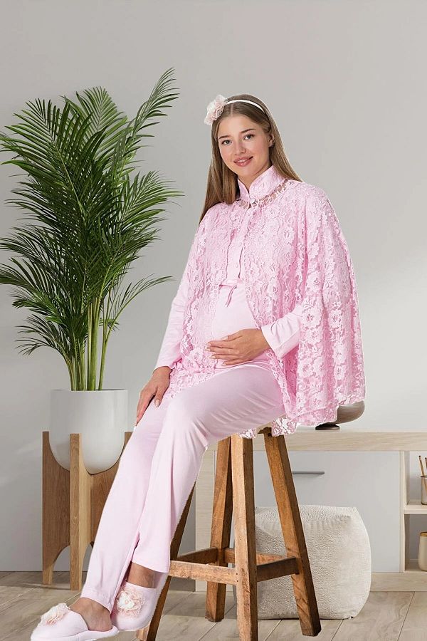 by GP Pink Lace Poncho Maternity Pajama Set with Dressing Gown Trendyol