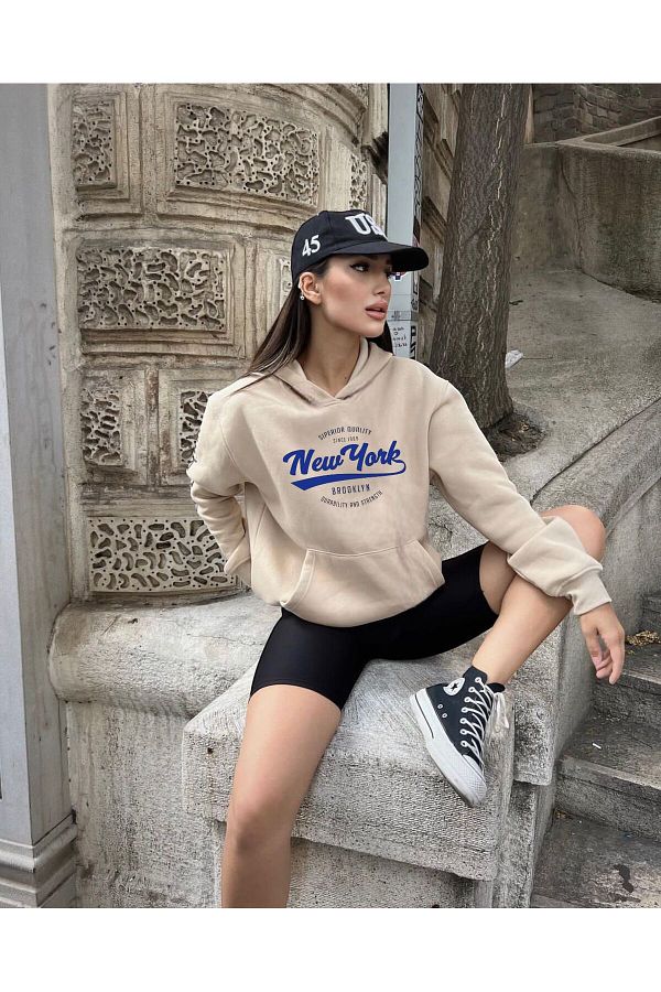 BENROMA Unisex Stone Color New York Printed Oversize Sweatshirt