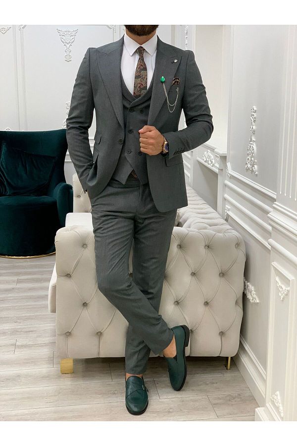 LONATOL A Men s Suit Swallow Collar Italian Cut Slim Fit Jacket Vest Trousers Green Trendyol
