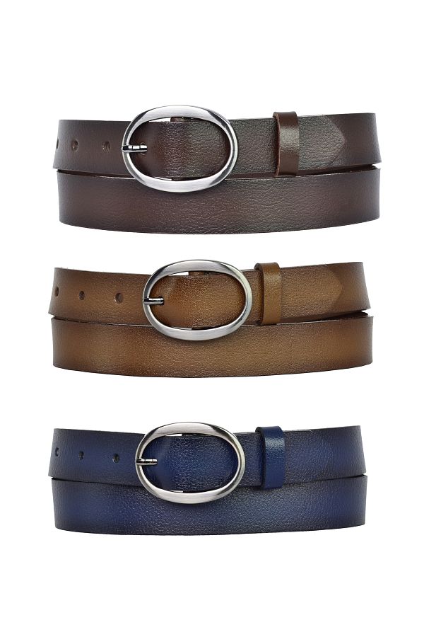 GoDeri-100% Genuine Leather Matte Oval Buckle Set of 3 Navy Blue, Light and Dark Brown, Women's Belt, 3 cm; 39 1