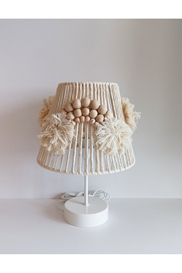 C&A MAKROME İP SARGILI AHŞAP BONCUKLU GÖKKUŞAĞI APLİKELİ EL YAPIMI PONPONLU ÇOCUK VE BEBEK ODASI ABAJUR