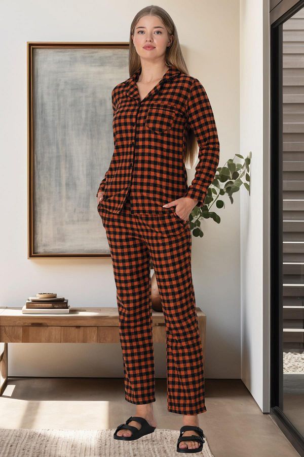 by GP Orange Plaid Patterned Halter Buttoned Women s Pajama Set Trendyol