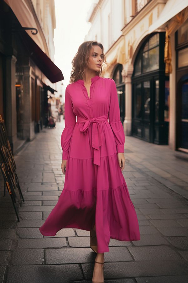 TRENDYOL MODEST Dark Pink Belted Chief Collar Button Detail Woven Dress TCTSS21EL3343 Trendyol
