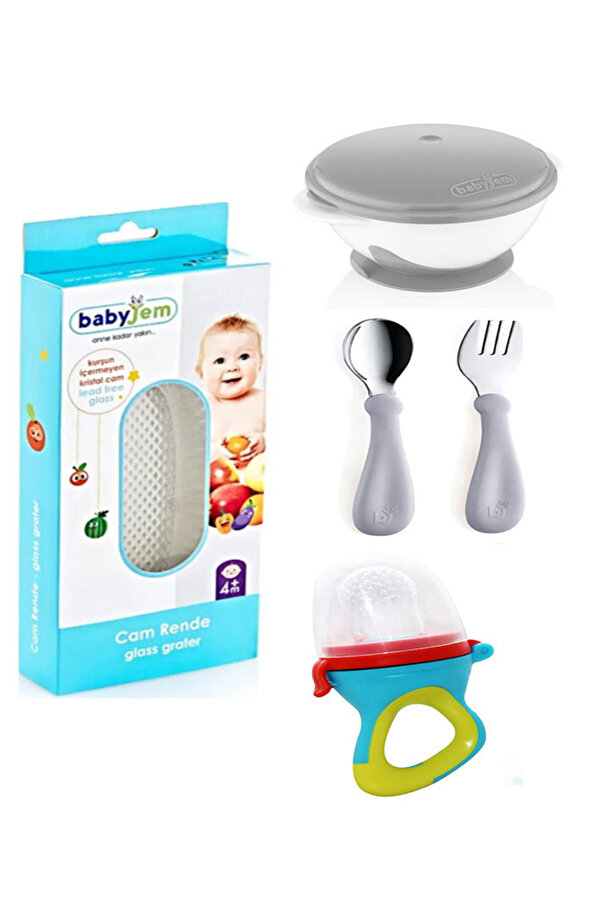Babyjem Vakumlu Mama Tabağı + Paslanmaz Çelik Çatal Kaşık + Silikon Uçlu Meyve Sebze Emziği + Cam Rende