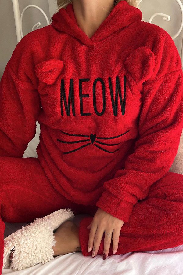 Pijamaevi Red Meow Patterned Full Plush Pajama Set Trendyol