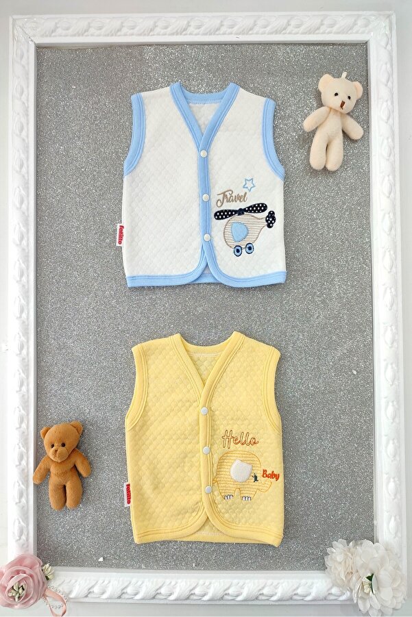 dubi baby erkek bebek fatitto önden çıtçıtlı hayvan desenli 2'li bebe kapitone yelek