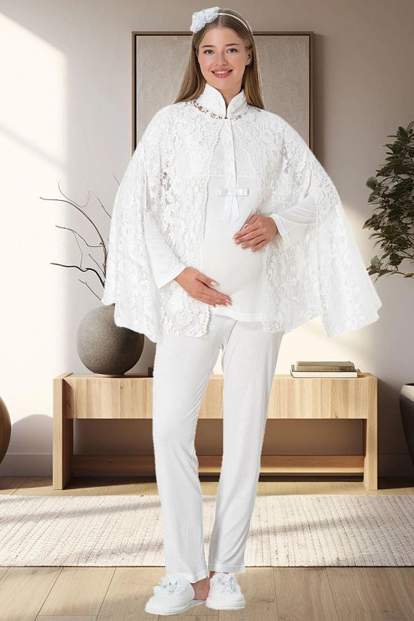 by GP Ecru Lace Poncho Maternity Pajama Set with Dressing Gown Trendyol