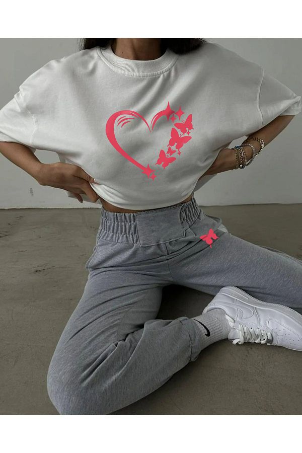 AY MONTANA-Tricou și tricou Jogger pentru femei cu model de fluturi cu inimă - Set de trening cu gât crew 1