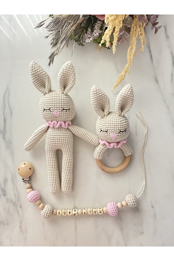 Zey's Amigurumi Amigurumi Yenidoğan Tavşan Uyku Arkadaşı Çıngırak Emzik Zinciri Örgü